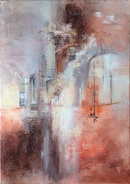 Fenêtre sur la ville, tableau mixed media sur toile 50 x 70 cm, par Miryl, 2019