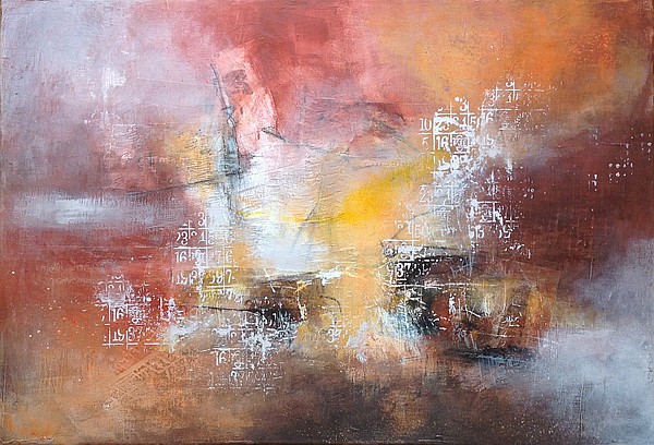 Tableau abstrait dans les teintes chaudes sur châssis, 70 x 50 cm, par Miryl, 2019