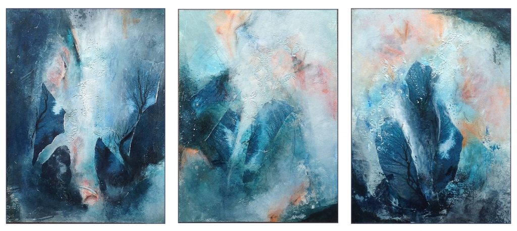 Triptyque "Ruissellement", par Miryl, 2019 mixed media sur papier, 3 x 30 / 40 cm