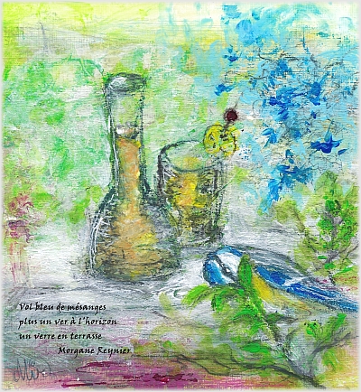 Un verre en terrasse: printemps et haïkus, mixed media par Miryl, 2021
